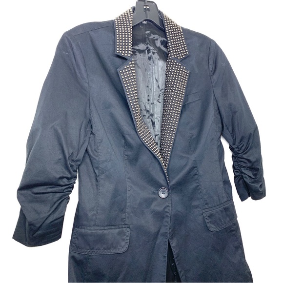 Express Ruched Sleeve Studded Black One Button Blazer - Picture 2 of 8